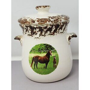 Vintage Ceramic Grease Jar With Strainer And Lid Horse Decal Kitchen Decor‎
